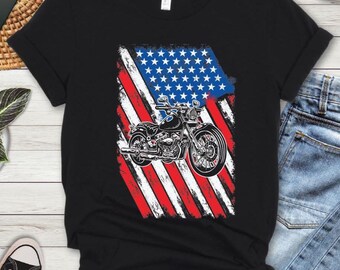 USA Flag Motorcycle T-Shirt: Patriotic Independence Day Tee