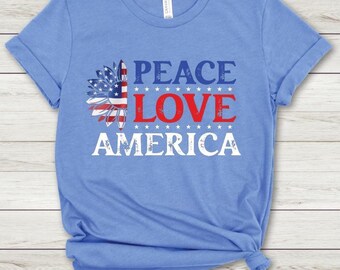 Peace Love America T-Shirt: Sunflower USA Flag 4th of July Tee