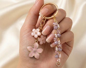 Luxury Sakura Gold Keychain | Pink Cherry Blossom & Purple Crystal Bead Charm | Elegant Heart Bag Charm | Gift for Her