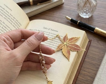 Maple Leaf Bookmark Gold | Handmade Stainless Steel Bookmark with Beads | Gift for Bookworms & Book Lovers, Birthday Gift