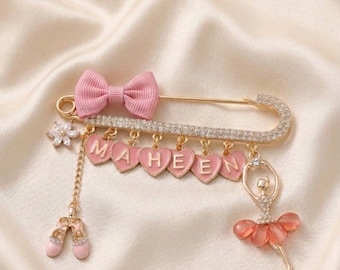 Personalized baby brooch with name, protective brooch, luxury pin with crystals & pink, gift for birth, christening or birthday - gold