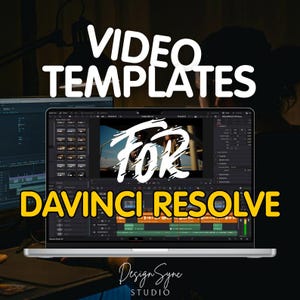 Puede incluir: Una pantalla de portátil muestra una interfaz de edición de vídeo con el texto "VIDEO TEMPLATES FOR DAVINCI RESOLVE." La imagen tiene un fondo oscuro con una silueta. El logotipo de Design Sync Studio está en la parte inferior.