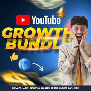 以下が含まれることがあります： YouTube Growth Bundleを宣伝する画像。YouTubeのロゴ、「YouTube Growth Bundle」の文字、興奮した表情の人物が写っています。また、ドル紙幣とベルも含まれています。