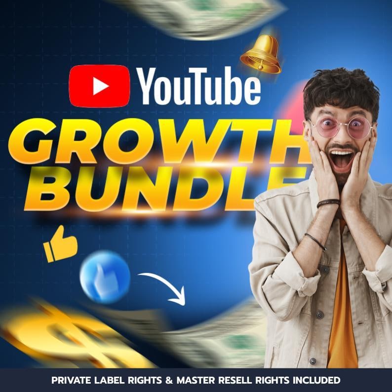 May include: Image promoting a YouTube Growth Bundle. The image features the YouTube logo, the words "YouTube Growth Bundle" in large, gold letters, and a person with an excited expression. The image also includes dollar bills and a bell.