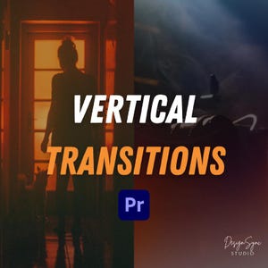 Könnte beinhalten: Ein geteiltes Bild mit den Worten "VERTICAL TRANSITIONS" in Weiß und Orange. Die linke Seite zeigt eine Silhouette einer Person in einer Tür, während die rechte Seite einen dunklen, verschwommenen Hintergrund hat. Ein blaues "Pr"-Logo befindet sich unten in der Mitte.