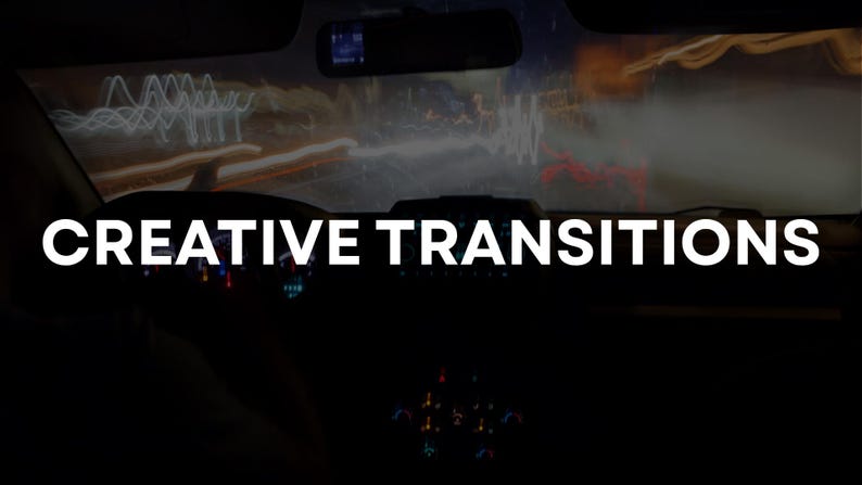 May include: Dark interior shot of a car at night with the text "CREATIVE TRANSITIONS" in white. The windshield shows blurred streaks of light from passing vehicles, suggesting motion and speed. The dashboard lights are visible.