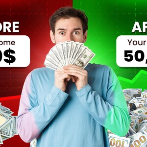 May include: Image showing a man holding a fan of US dollar bills. The image is split into red and green backgrounds, with text indicating income changes from $100 to $50,000. A large pile of money is shown on the right.