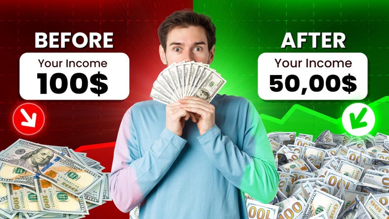 May include: Image showing a man holding a fan of US dollar bills. The image is split into red and green backgrounds, with text indicating income changes from $100 to $50,000. A large pile of money is shown on the right.