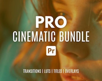 May include: A digital graphic featuring the white text PRO CINEMATIC BUNDLE, a Pr logo icon, and the text TRANSITIONS | LUTS | TITLES | OVERLAYS, layered over a blurred, warm-toned portrait of a face with reddish hair and teal lighting.