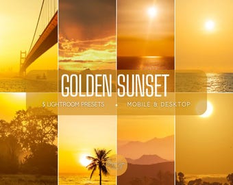 Ajustes preestablecidos de Lightroom Atardecer Dorado / Filtros de brillo cálido / Móvil y escritorio / Descarga instantánea