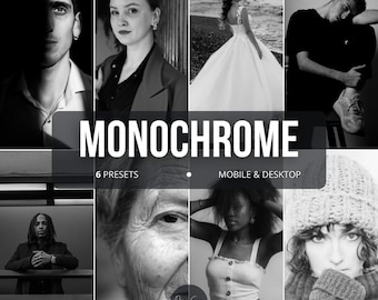 6 Monochrome Lightroom Presets | Black and White Photo Filter | Mobile & Desktop | Moody Editing