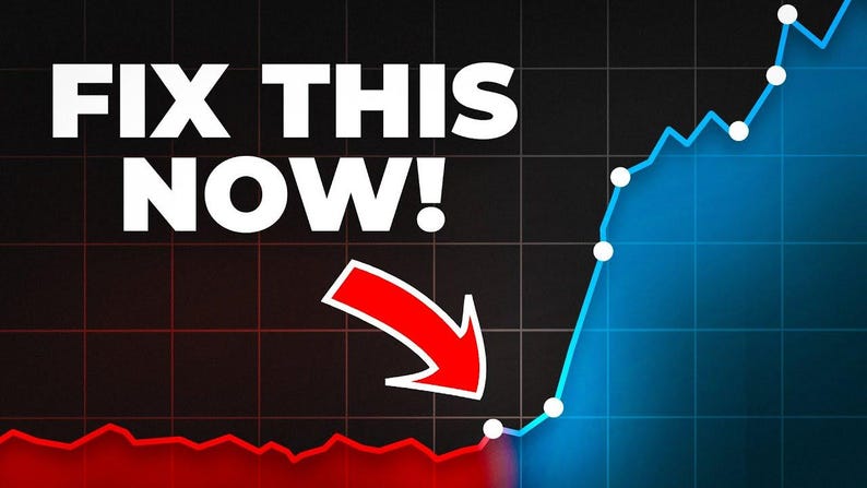 May include: Image with the text "FIX THIS NOW!" in white, bold letters. A red arrow points down from the text towards a red line graph. A blue line graph rises sharply on the right side of the image, suggesting improvement.