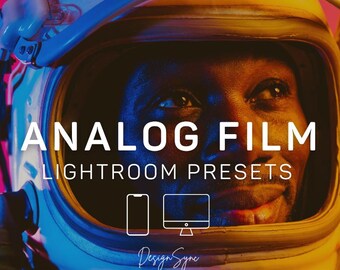 May include: Image featuring a person in an astronaut helmet with the text "ANALOG FILM LIGHTROOM PRESETS." Below the text are icons of a smartphone and a computer monitor. The Design Sync Studio logo is at the bottom.