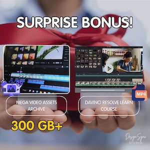 May include: Image of a red ribbon with the text "SURPRISE BONUS!". The image shows two video editing software interfaces, one labeled "MEGA VIDEO ASSETS ARCHIVE" and the other "DAVINCI RESOLVE LEARN COURSE". The text "300 GB+" is also visible.