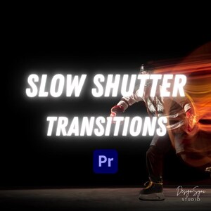Pode incluir: Imagem com o texto "SLOW SHUTTER TRANSITIONS" em letras brancas em estilo neon. Uma pessoa em movimento está borrada com raios de luz laranja e vermelha. O logotipo do Adobe Premiere Pro está no canto inferior esquerdo.