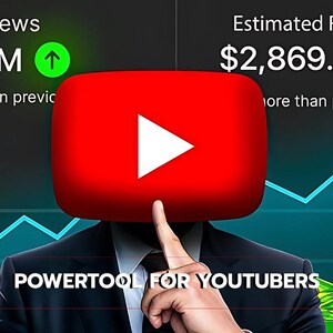 May include: An image with a person whose head is replaced by a red YouTube logo. The image displays statistics, including 6.0M views and an estimated revenue of $2,869.23. The text "POWERTOOL FOR YOUTUBERS" is also visible.