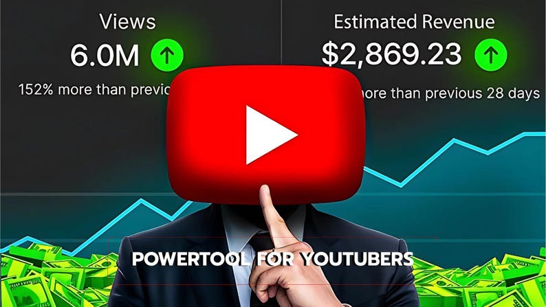 May include: An image with a person whose head is replaced by a red YouTube logo. The image displays statistics, including 6.0M views and an estimated revenue of $2,869.23. The text "POWERTOOL FOR YOUTUBERS" is also visible.