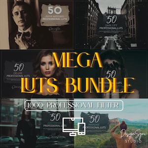 May include: A promotional image for a photography filter bundle. The image features several panels with text overlays, including "MEGA LUTS BUNDLE" and "1000+ PROFESSIONAL FILTER." Each panel showcases a different theme, such as "Sepia Wedding" and "Dark City."