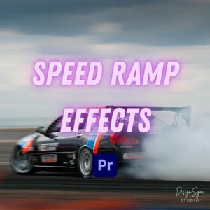 Könnte beinhalten: Ein schwarzes Sportauto driftet auf einer Rennstrecke und erzeugt eine Rauchwolke. Die Worte "SPEED RAMP EFFECTS" stehen in leuchtendem Lila über dem Auto. Ein blaues "Pr"-Logo befindet sich in der unteren rechten Ecke. Das Design Sync Studio-Logo befindet sich unten rechts.