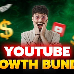 May include: A person with surprised expression, wearing glasses, with hands on their face. The image features dollar signs and floating money, along with a YouTube logo. The text reads "YOUTUBE GROWTH BUNDLE".