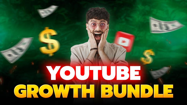 May include: A person with surprised expression, wearing glasses, with hands on their face. The image features dollar signs and floating money, along with a YouTube logo. The text reads "YOUTUBE GROWTH BUNDLE".