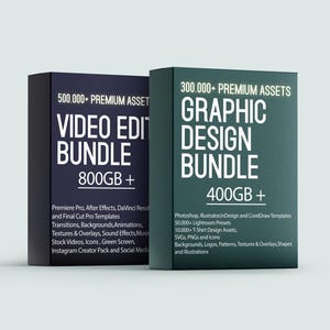 Peut inclure: Deux boîtes de produits, une bleu marine et une vert d'eau, avec du texte blanc. La boîte marine indique "VIDEO EDIT BUNDLE 800GB+". La boîte vert d'eau indique "GRAPHIC DESIGN BUNDLE 400GB+".