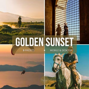 May include: A collage of four images with a golden sunset theme. The images include a person riding a horse, a paraglider, a person in an archway, and a person riding a horse. Text overlay reads "GOLDEN SUNSET" and "5 PRESETS MOBILE & DESKTOP".
