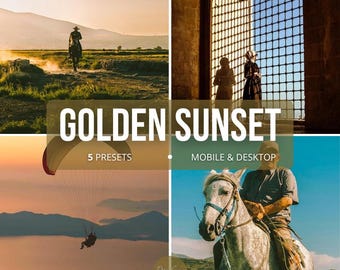 Presets para Lightroom com efeito pôr do sol dourado | Filtros de brilho quente | Compatível com dispositivos móveis e computadores | Download instantâneo