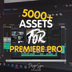 May include: A laptop screen displays the text "5000+ ASSETS FOR PREMIERE PRO" in yellow and white. The laptop is open, showcasing a video editing interface. The Design Sync Studio logo is at the bottom.