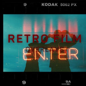 May include: A retro film overlay image with a teal background and red text that reads "RETRO FILM OVERLAYS ENTER". The image has a vintage film aesthetic with light leaks and a grainy texture.