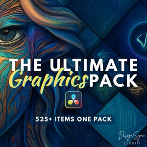 Op de afbeelding: Advertentie voor een digitaal grafisch pakket. De afbeelding toont een gestileerd oog en gezicht in blauwe en oranje tinten. Tekst luidt "THE ULTIMATE GraphicsPACK" en "525+ ITEMS ONE PACK". Er is ook een logo aanwezig.