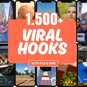 Pode incluir: Imagem promocional com várias telas de smartphones exibindo vários videoclipes. Um grande retângulo laranja no centro exibe o texto "1.500+ VIRAL HOOKS" em branco, com "WITH PLR & MRR" abaixo. Os vídeos mostram conteúdo diverso.