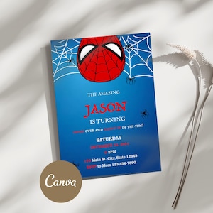 Convite de aniversário editável do Homem-Aranha | Modelos de convite do Homem-Aranha | Modelos do Canva | Festa de aniversário de super-heróis | Panfleto de aniversário 5 x 7 polegadas