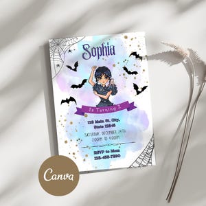 Convite de aniversário editável para quarta-feira | Modelos de convite para quarta-feira | Modelos do Canva | Festa da Família Addams | Cartão de aniversário com panfleto 5 x 7 polegadas