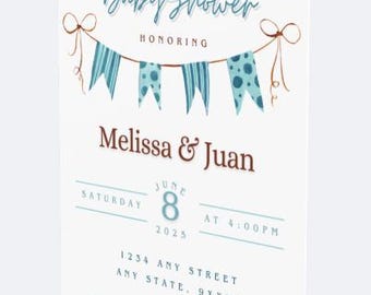 Editable Baby Shower Invitation, blue banner, Invite, Printable, Editable, Customize, baby, download, brown, blue