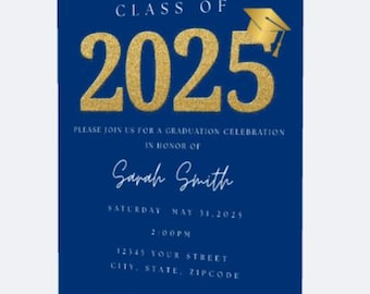 Editable Graduation 2025 invitation template, customize, personalize, blue, black, glitter, gold cap, classic, simple, elegant.
