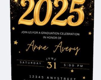 Editable Graduation 2025 invitation template, customize, personalize, gold, black, glitter, classic, simple, elegant.