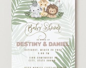 Editable Baby Shower Invitation, safari, Invite, Printable, Editable, Customize, baby, Customize,  download, elephant, giraffe, lion, leaves