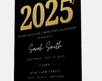 Editable Graduation 2025 invitation template, customize, personalize, gold, black, glitter, classic, simple, elegant.