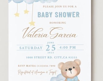 Editable Boy Baby Shower Invitation, Bear on cloud, Gender Reveal, Watercolor, twinkle stars, template, editable, baby blue, brown
