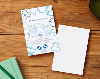 Editable Boy Baby Shower Invitation, outlines, bear, rattle, buggy,  template, editable, baby blue, blue
