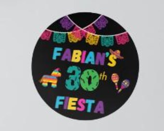 Editable Fiesta Round Sticker, PInata, maracas, papel picado, banderillas, banner, mexican theme
