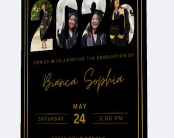 Editable Graduation 2025 invitation template, customize, personalize, gold, black, glitter, gold cap, classic, simple, personal pictures