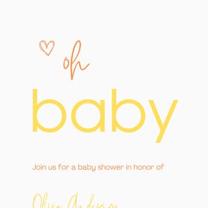 Convite para chá de bebê 2 em 1 + modelo de anúncio de nascimento no Canva | Design minimalista e moderno – amarelo + laranja (7 x 2 opções de cores disponíveis)