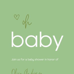 Convite para chá de bebê 2 em 1 + modelo de anúncio de nascimento no Canva | Design minimalista e moderno – verde + branco (7 x 2 opções de cores disponíveis)