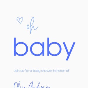 Convite para chá de bebê 2 em 1 + modelo de anúncio de nascimento no Canva | Design minimalista e moderno – azul + branco (7 x 2 opções de cores disponíveis)