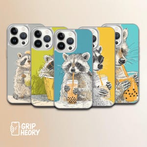 Raccoon phone case, boba raccoon case, coffee raccoon case, cute animal case, iPhone MagSafe, Samsung Galaxy, Google Pixel