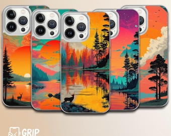 Funda para teléfono con temática de naturaleza, funda con silueta de bosque al atardecer, funda MagSafe para iPhone, funda para Samsung Galaxy, funda para Google Pixel, regalo con paisaje de montaña.