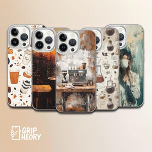 May include: A collection of five phone cases with coffee-themed designs. The cases feature illustrations of coffee cups, espresso machines, coffee beans, and a person drinking coffee. The color palette includes shades of brown, beige, and white.