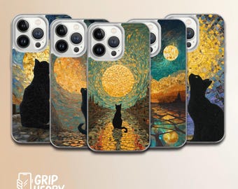Black Cat Moon Phone Case Van Gogh Mosaic cover for iPhone 16e, 17 Pro Max, iPhone 13, Samsung S25 Edge, A16, Pixel 10, 9A and more